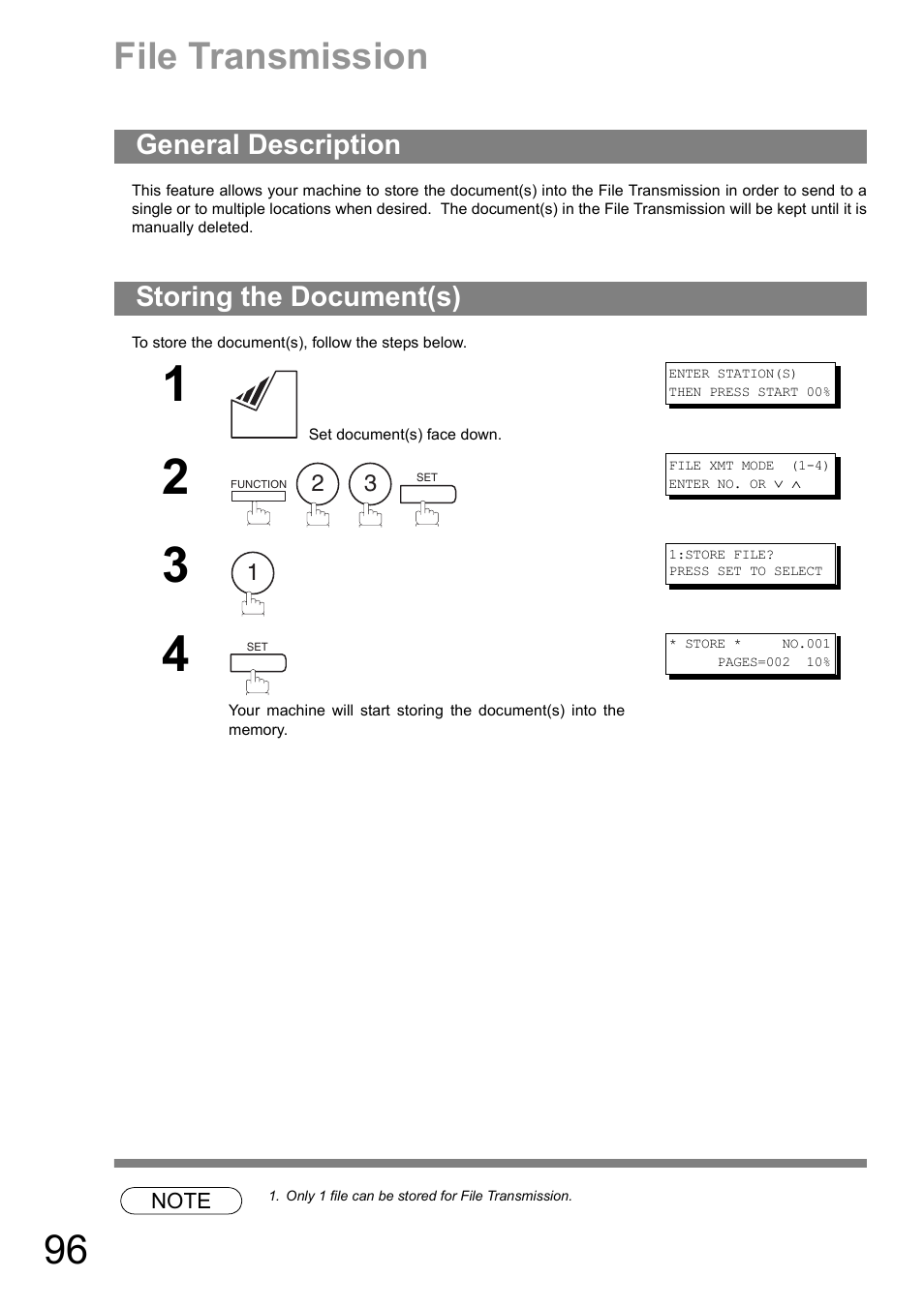 File transmission, General description, Storing the document(s) | General description storing the document(s) | Panasonic UF-890/990 User Manual | Page 96 / 170