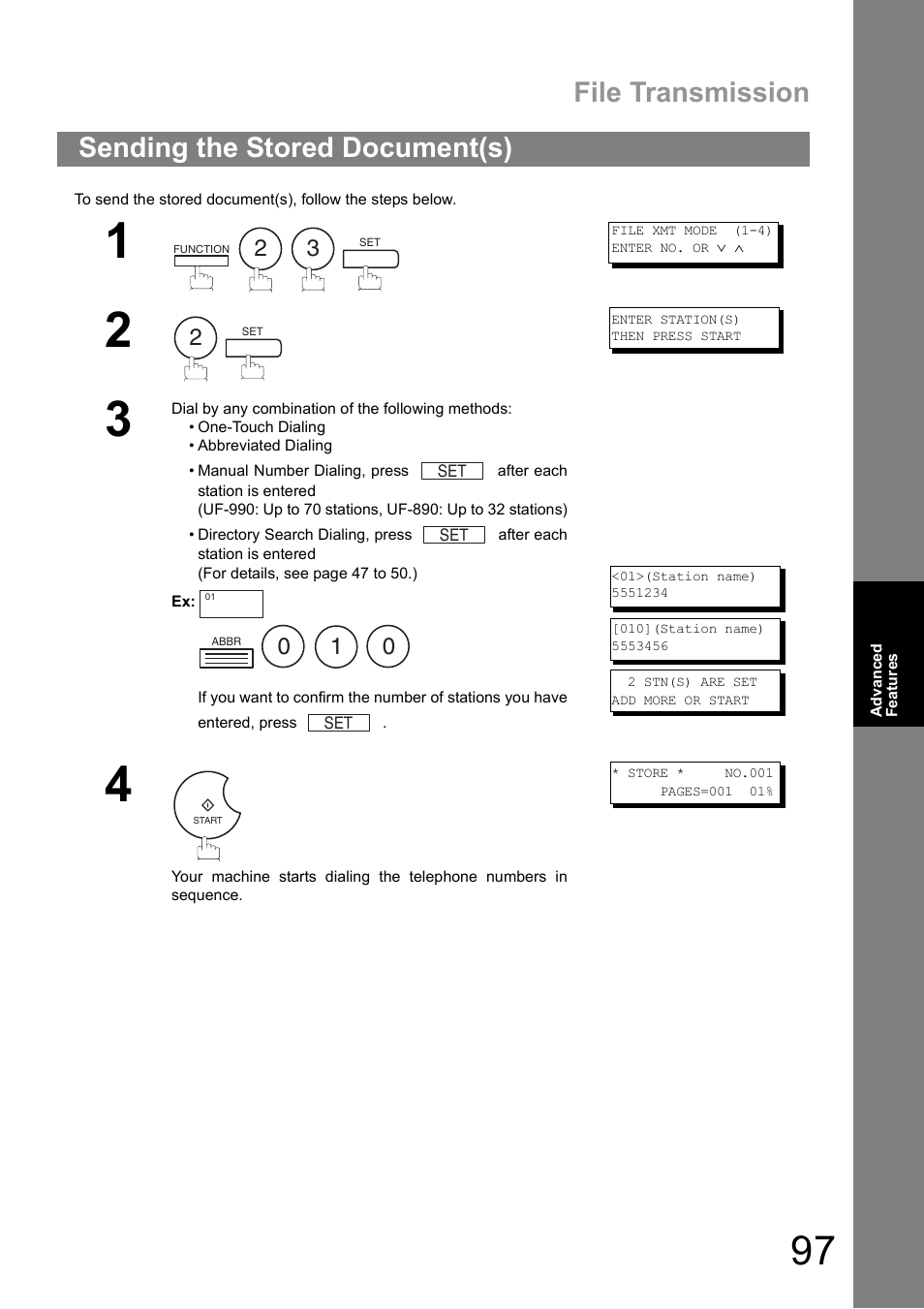 Sending the stored document(s), File transmission | Panasonic UF-890/990 User Manual | Page 97 / 170