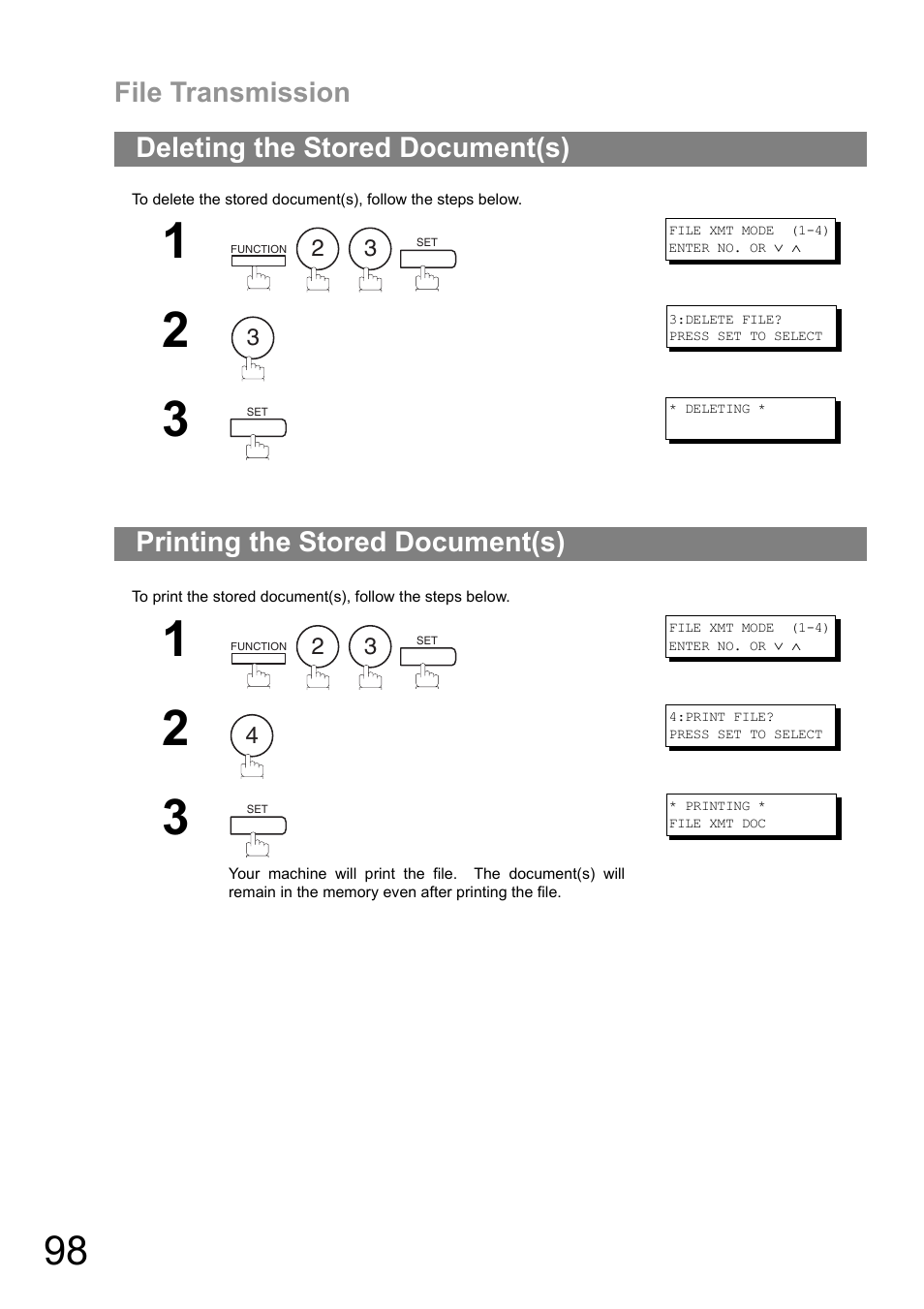 Deleting the stored document(s), Printing the stored document(s), File transmission | Panasonic UF-890/990 User Manual | Page 98 / 170