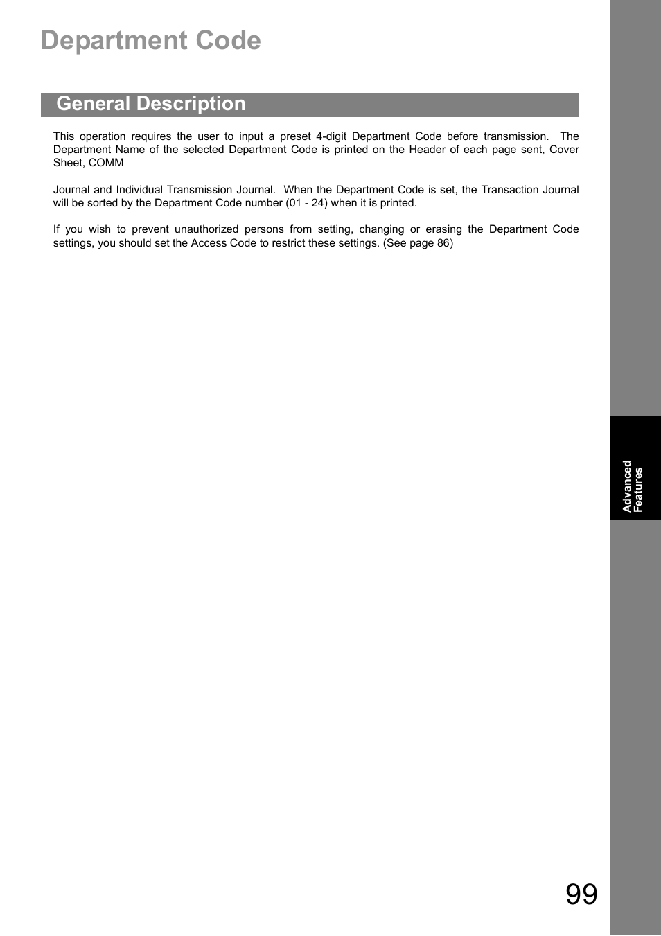 Department code, General description | Panasonic UF-890/990 User Manual | Page 99 / 170