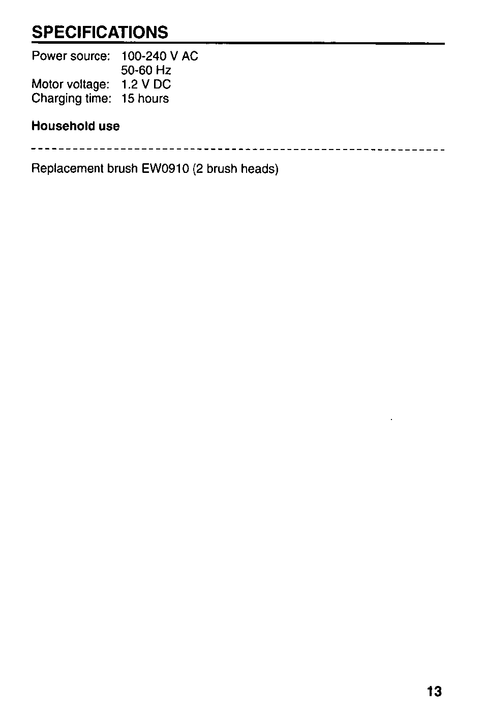 Specifications | Panasonic EW1000 User Manual | Page 13 / 28