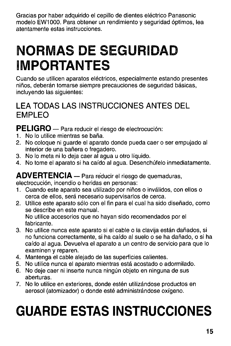 Normas de seguridad importantes, Guarde estas instrucciones 15, Advertencia | Panasonic EW1000 User Manual | Page 15 / 28