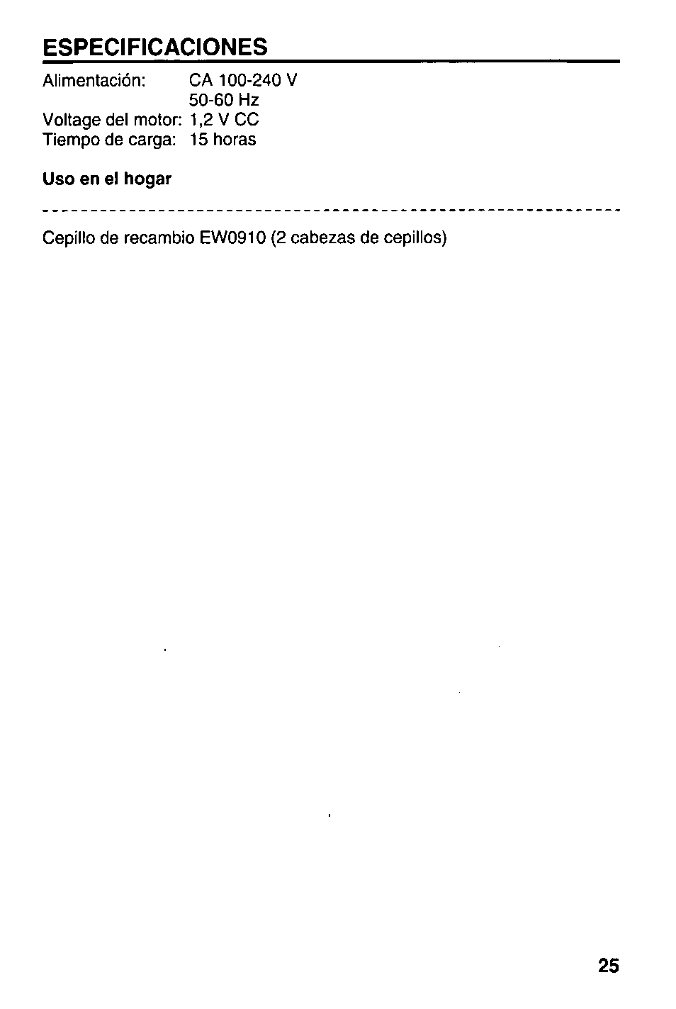 Especificaciones | Panasonic EW1000 User Manual | Page 25 / 28