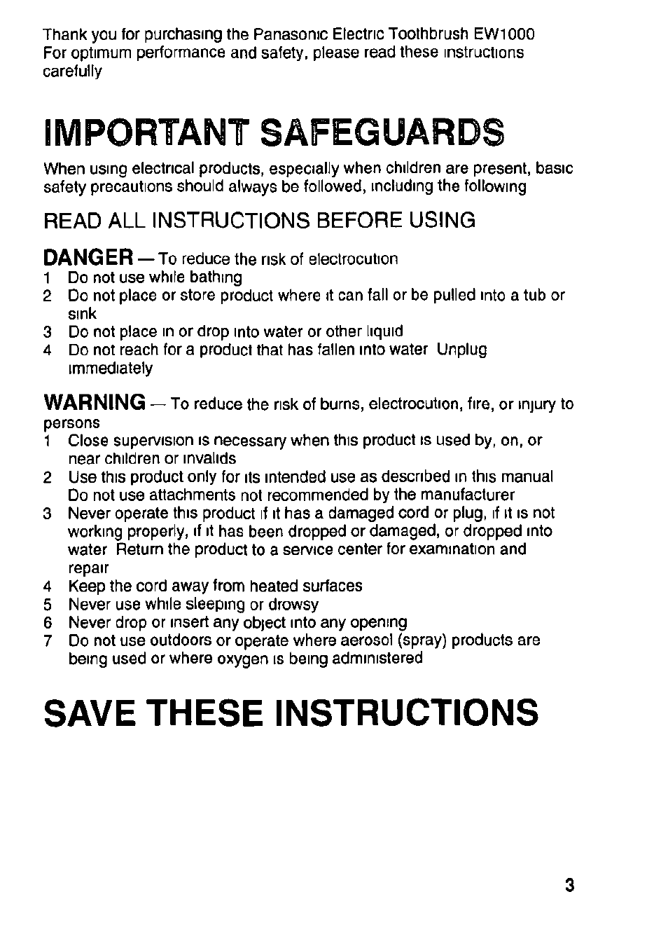 Important safeguards, Save these instructions, Read all instructions before using danger | Warning | Panasonic EW1000 User Manual | Page 3 / 28