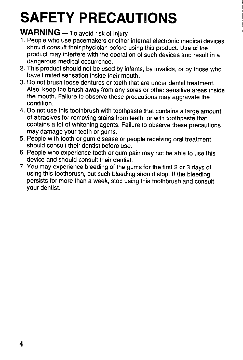 Safety precautions, Warning | Panasonic EW1000 User Manual | Page 4 / 28