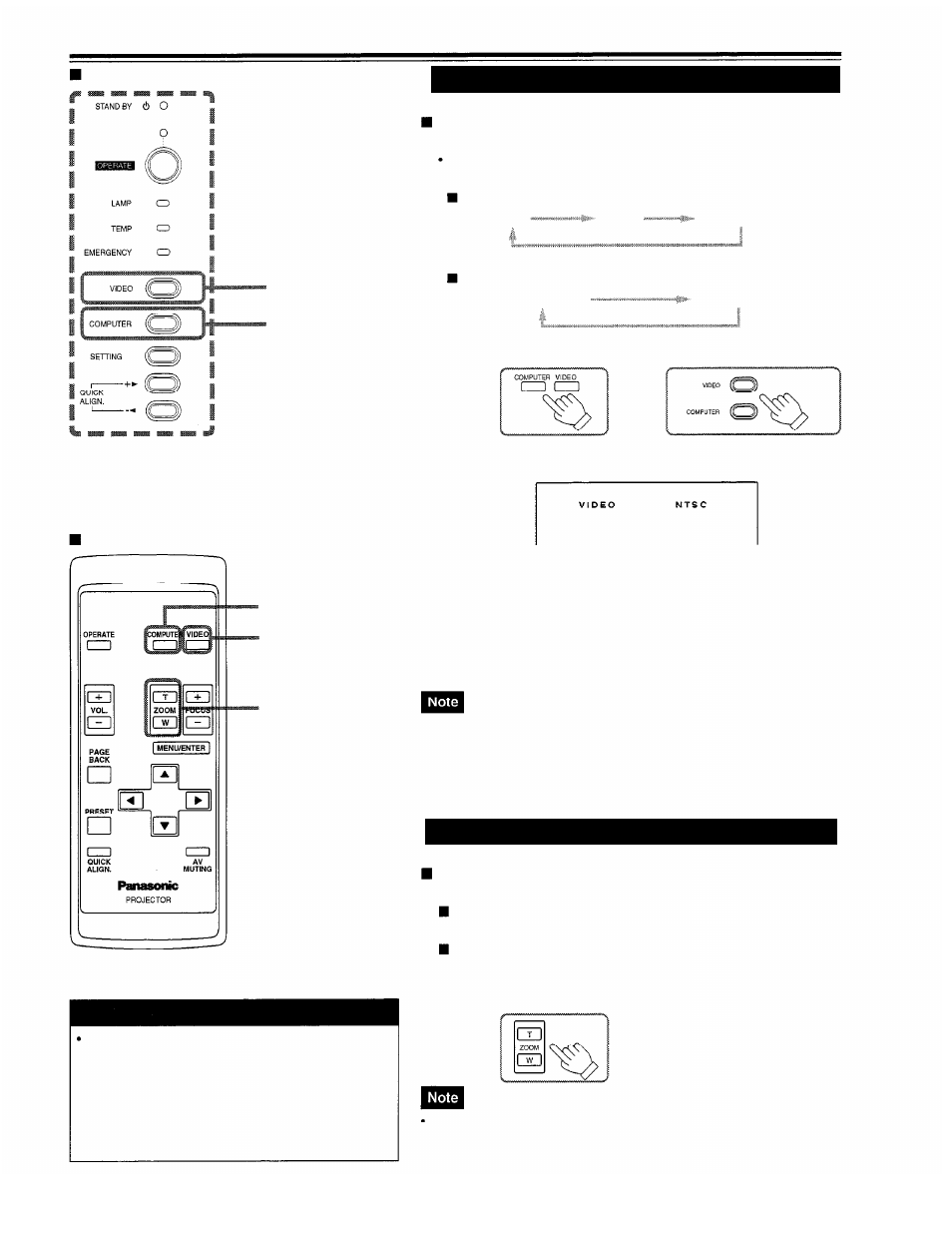 Selecting the video input to be projected, Adjusting the screen size, Basic operations (cont.) | Panasonic PT-D995U User Manual | Page 29 / 60