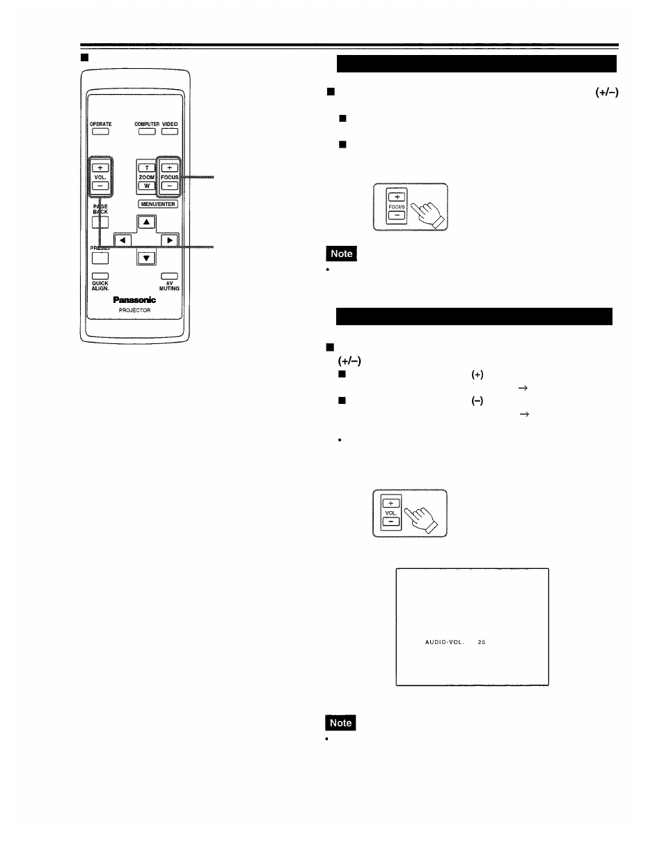 Adjusting focus, Adjusting sound volume, Basic operations (cont.) | Panasonic PT-D995U User Manual | Page 30 / 60
