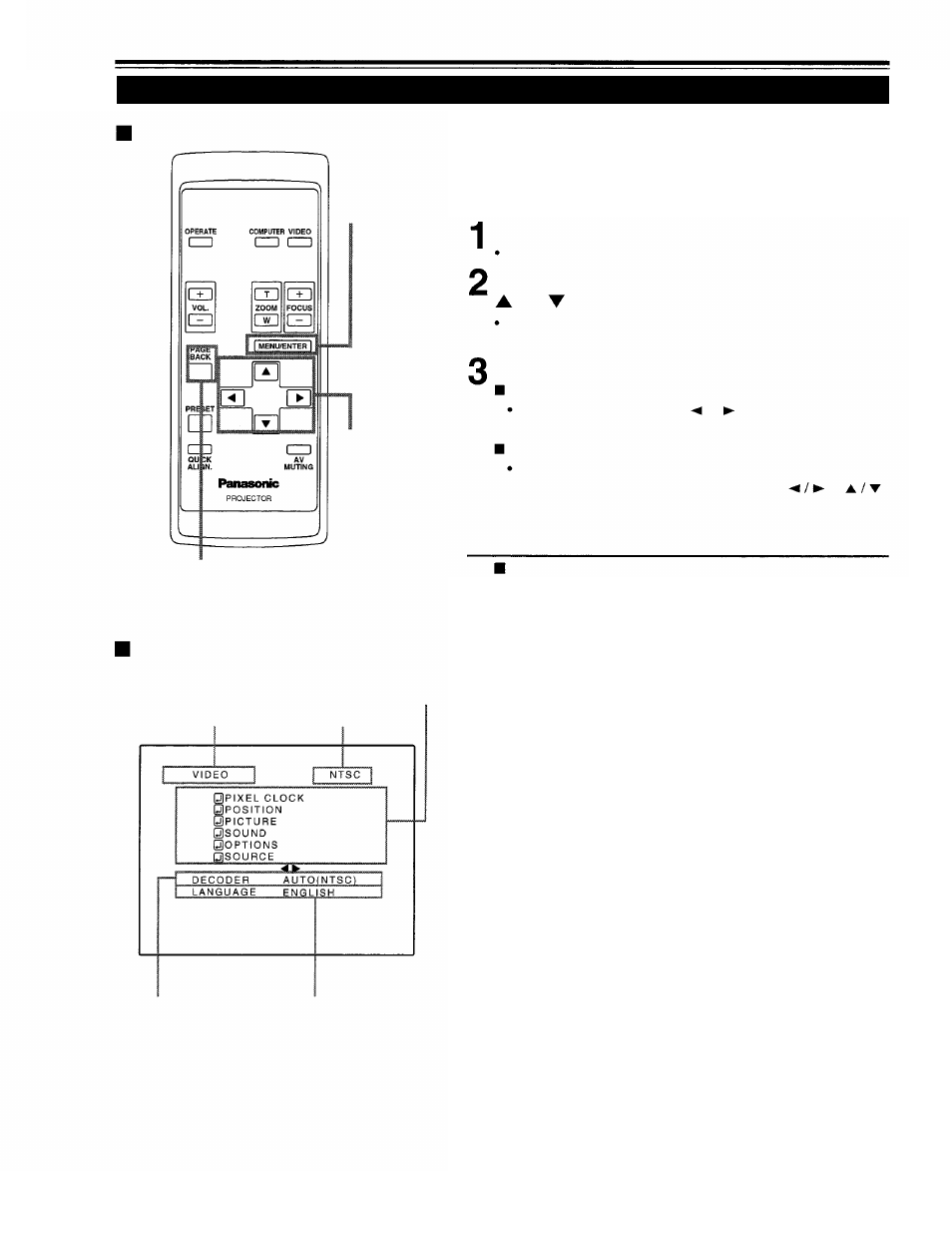Main menu, Press the menu/enter button, Select an item with the cursor button or | Set (adjust) the item, Operating the main menu (cont.) | Panasonic PT-D995U User Manual | Page 36 / 60