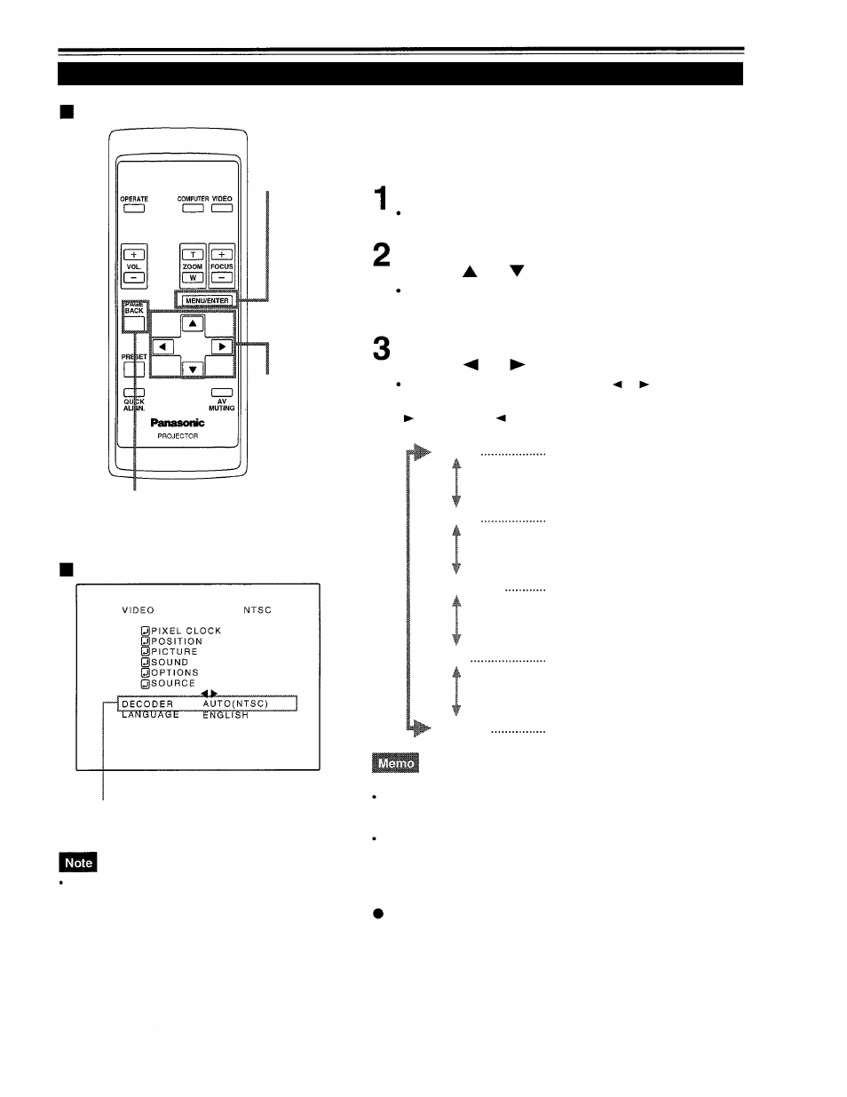 Changing the color system, Changing the color system remote control unit, Press the menu/enter button | Main menu, Select “decoder” with the cursor button or, Set the color system with the cursor button or, Operating the main menu (cont.) | Panasonic PT-D995U User Manual | Page 37 / 60