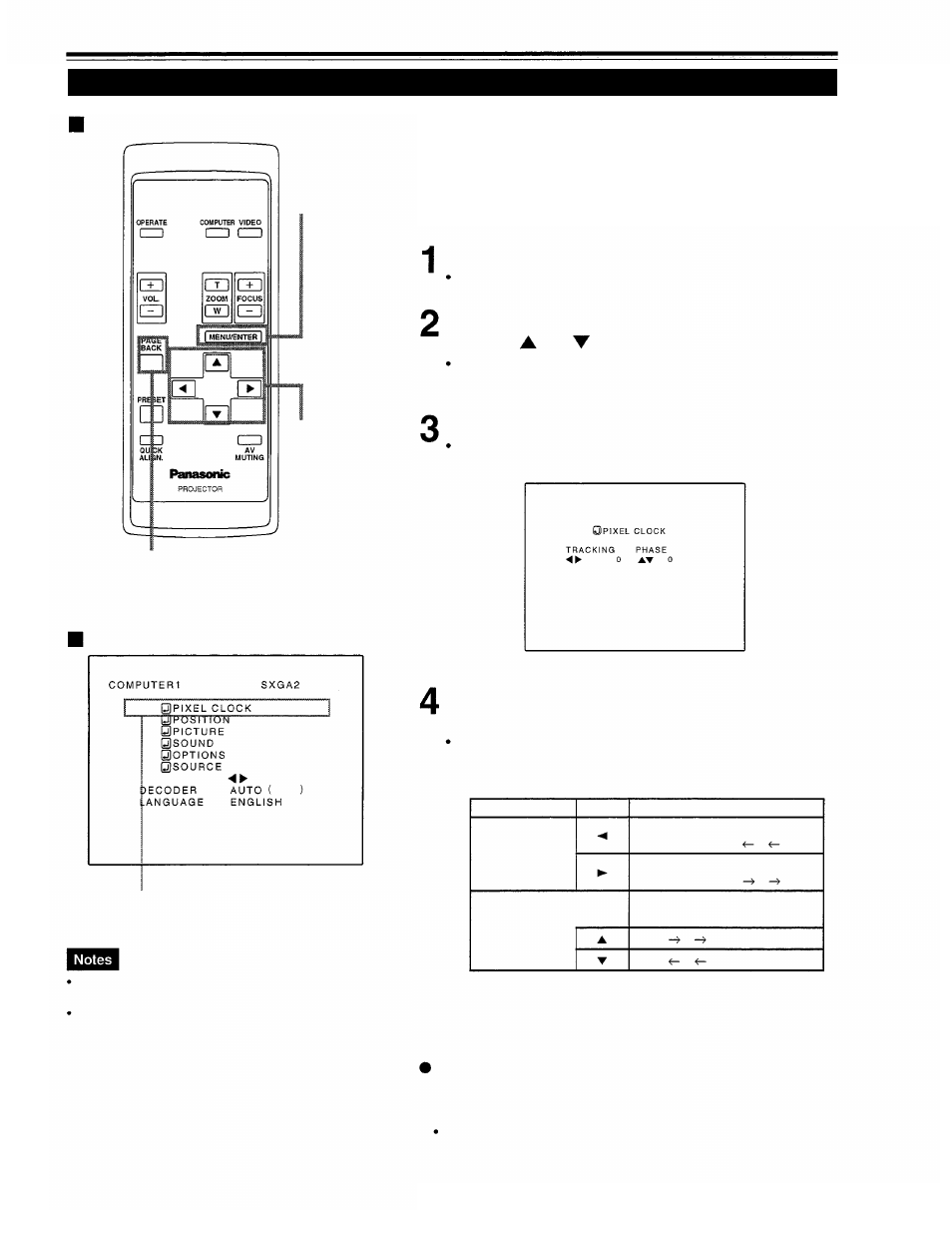Adjusting the pixel clock, Adjusting the pixel clock remote control unit, Main menu | Press the menu/enter button, Select “pixel clock” with the cursor button or, Operating the main menu (cont.) | Panasonic PT-D995U User Manual | Page 39 / 60
