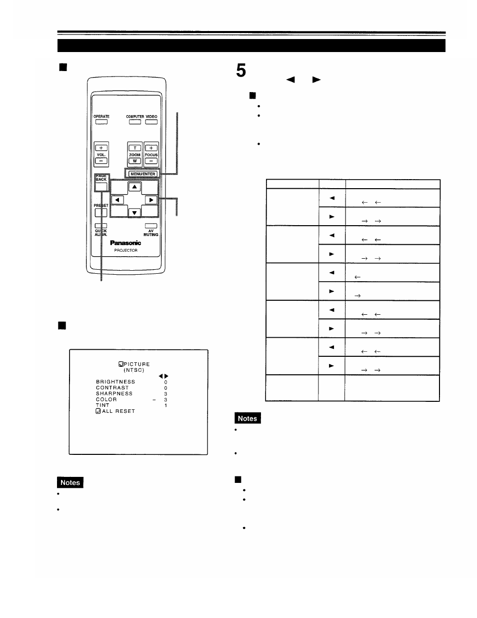 Submenu items, Make adjustment with the cursor button or, Operating the main menu (cont.) | For video system input, For computer system input | Panasonic PT-D995U User Manual | Page 42 / 60