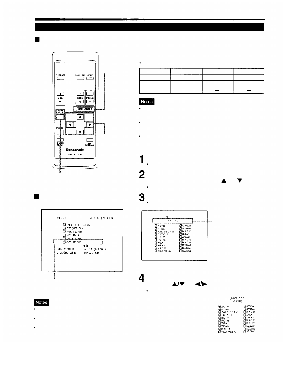 Changing (setting) the source, Changing (setting) the source remote control unit, Main menu | Press the menu/enter button, Select the item to set using the cursor buttons or, Operating the main menu (cont.) | Panasonic PT-D995U User Manual | Page 48 / 60