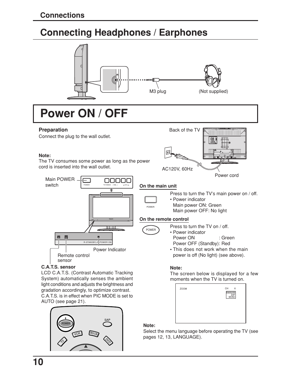 Connecting headphones / earphones, Power on / off, Connections | Preparation | Panasonic TC 23LX50 User Manual | Page 10 / 40
