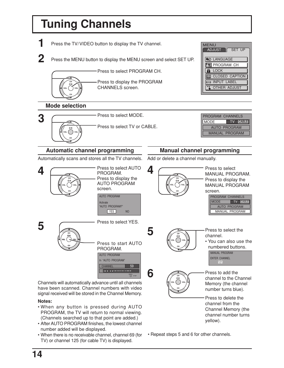 Tuning channels, Manual channel programming, Automatic channel programming mode selection | Panasonic TC 23LX50 User Manual | Page 14 / 40