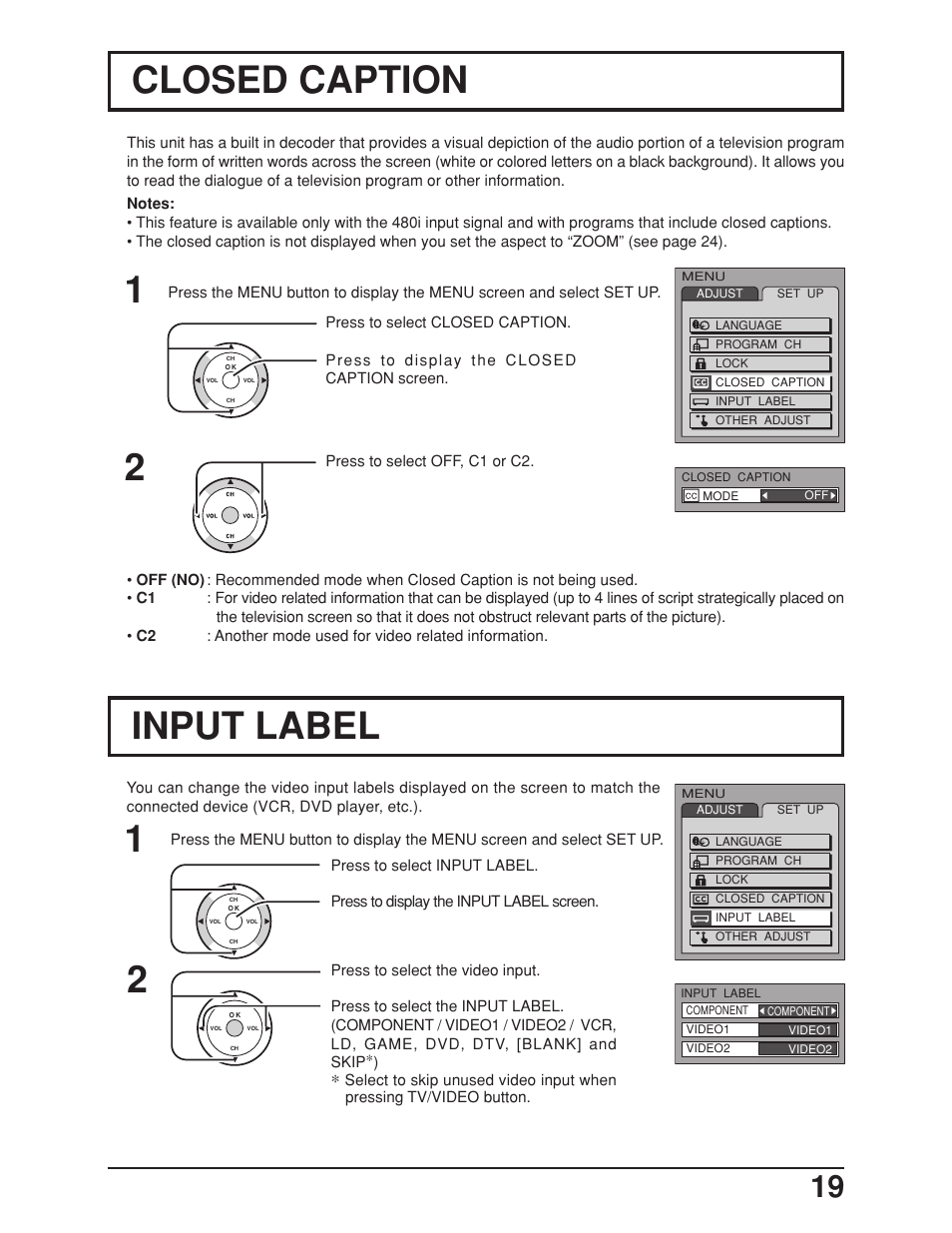 Closed caption, Input label | Panasonic TC 23LX50 User Manual | Page 19 / 40