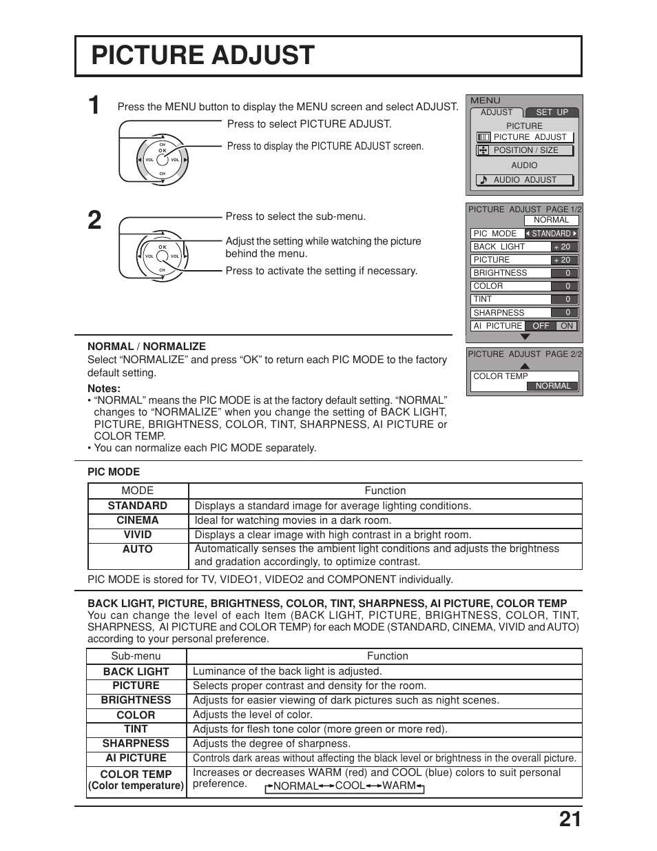 Picture adjust | Panasonic TC 23LX50 User Manual | Page 21 / 40