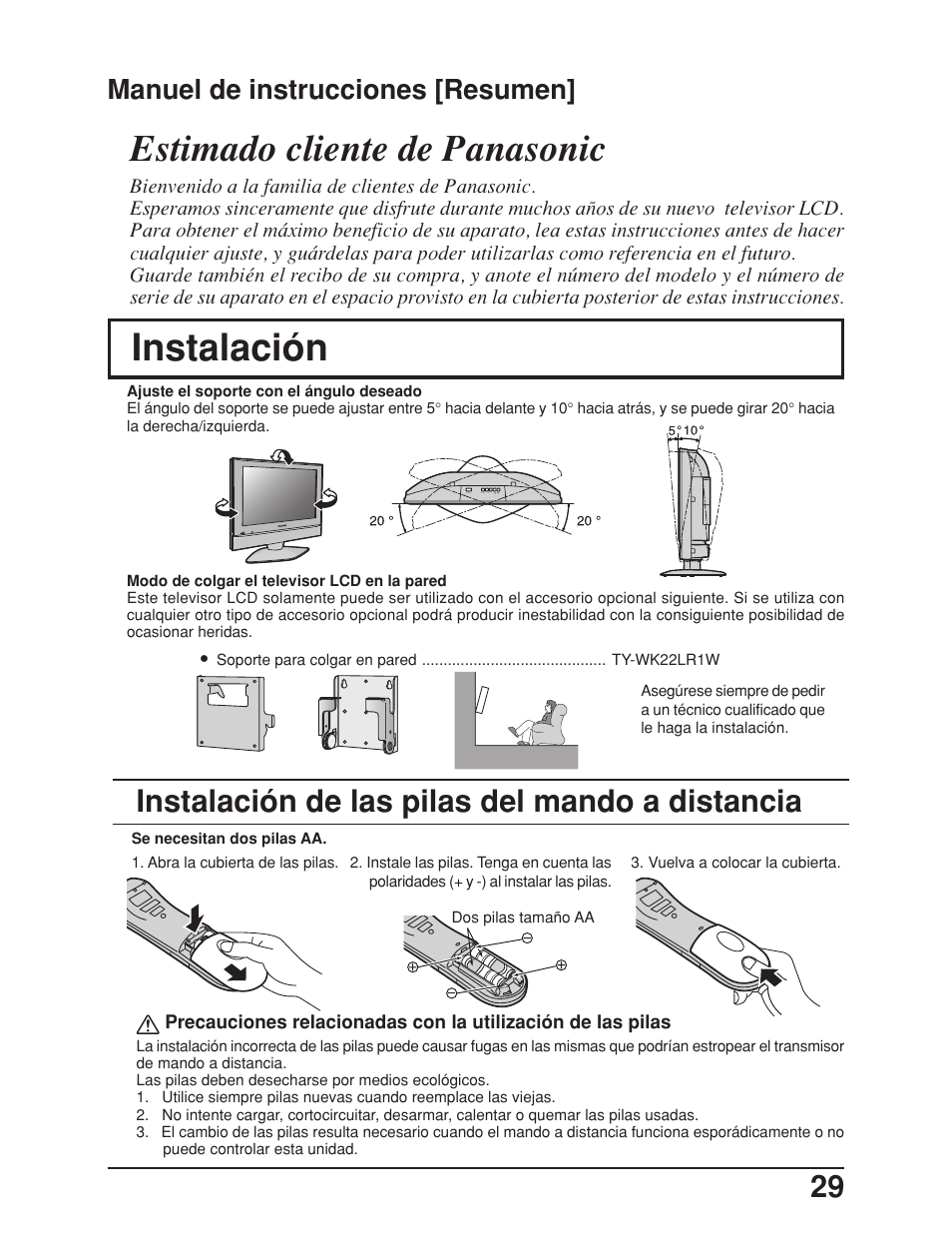 Manuel de instrucciones [ resumen, Instalacion, Estimado cliente de panasonic | Instalación, Instalación de las pilas del mando a distancia, Manuel de instrucciones [resumen | Panasonic TC 23LX50 User Manual | Page 29 / 40