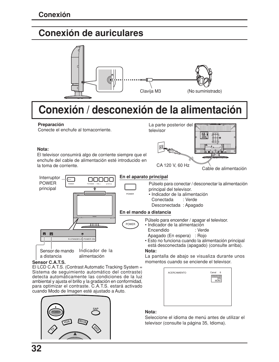 Conexion / desconexion de la alimentacion, Conexión / desconexión de la alimentación, Conexión de auriculares | Conexión | Panasonic TC 23LX50 User Manual | Page 32 / 40