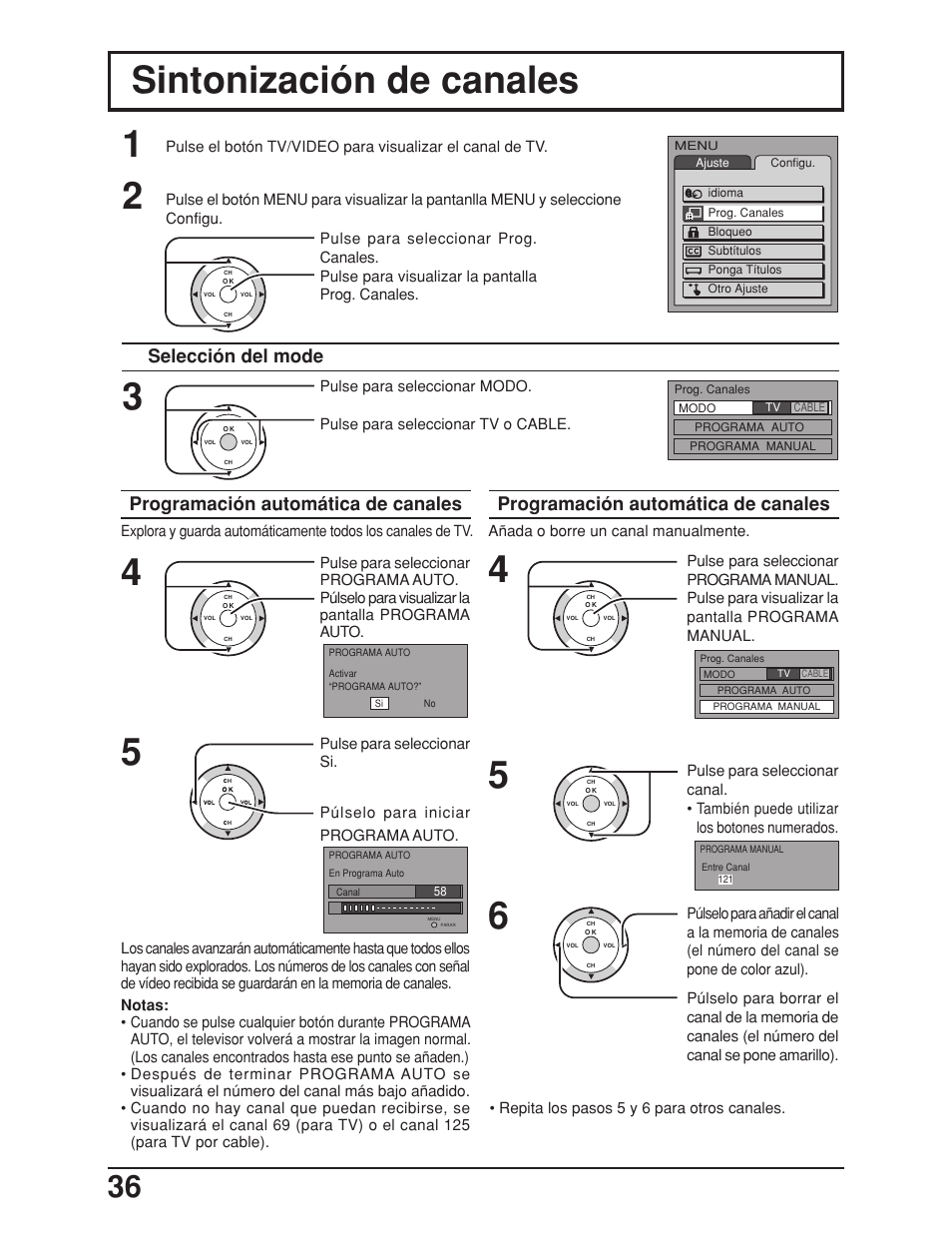 Sintonizacion de canales, Sintonización de canales, Programación automática de canales | Selección del mode | Panasonic TC 23LX50 User Manual | Page 36 / 40