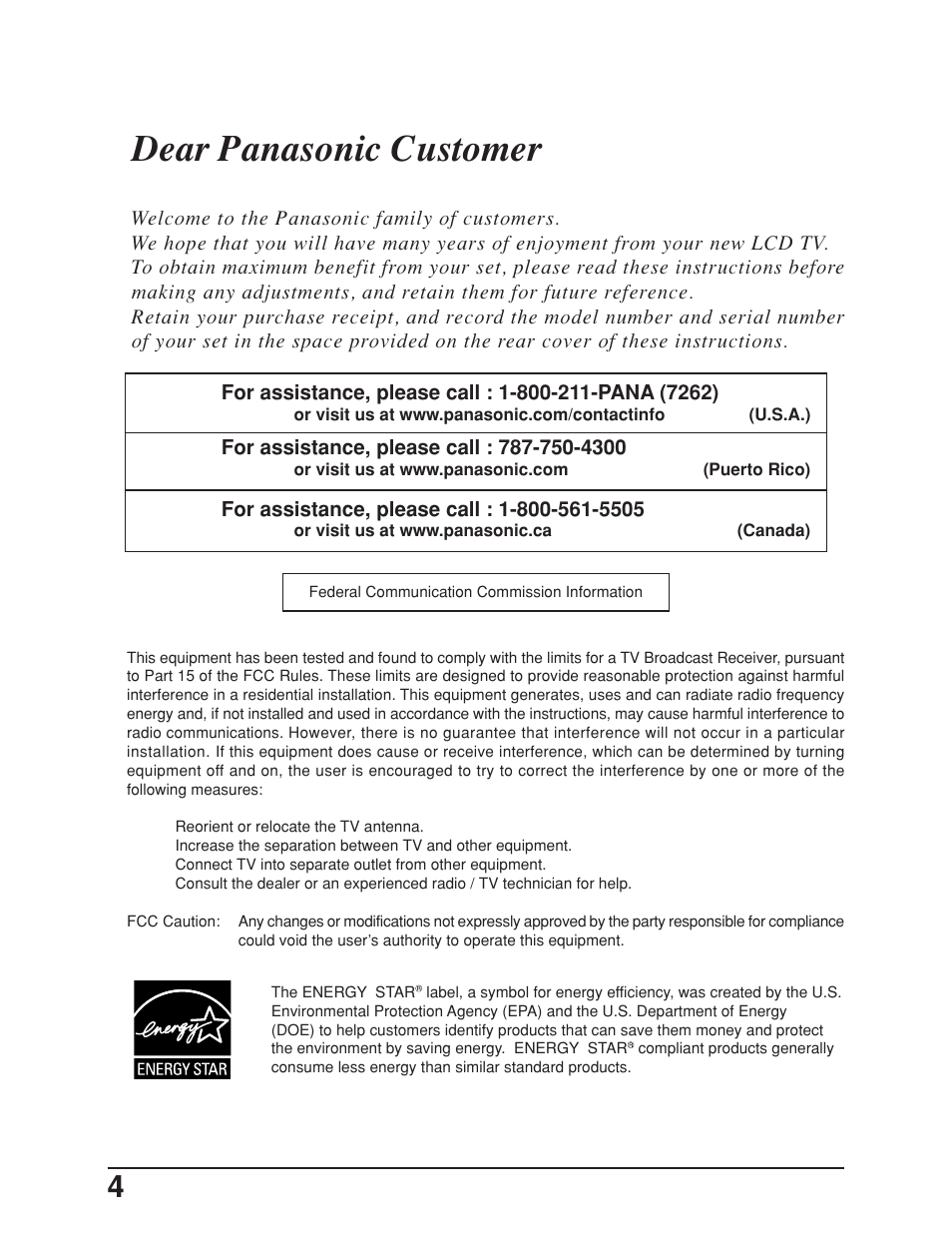 Dear panasonic customer | Panasonic TC 23LX50 User Manual | Page 4 / 40