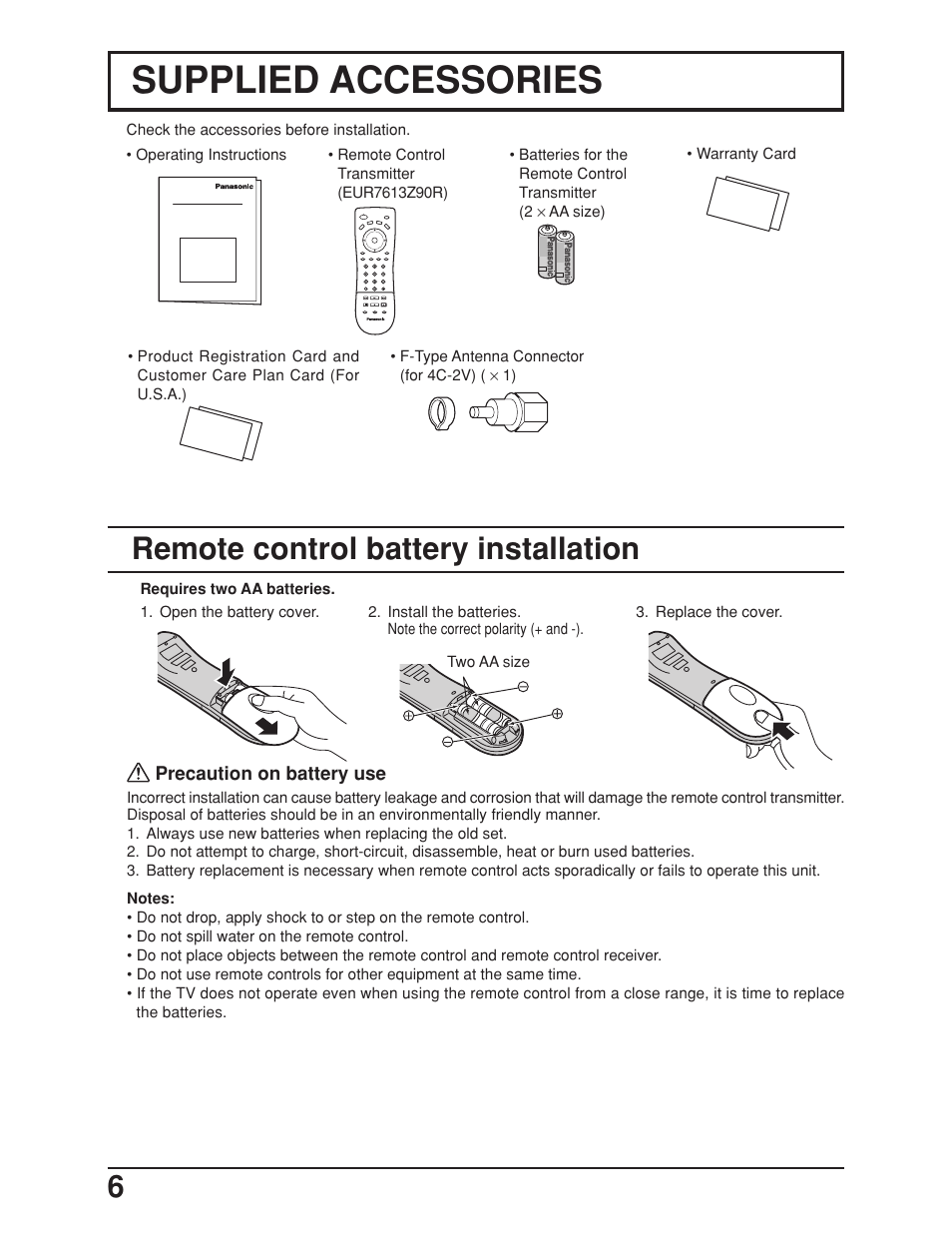 Supplied accessories, Remote control battery installation, 6remote control battery installation | Panasonic TC 23LX50 User Manual | Page 6 / 40