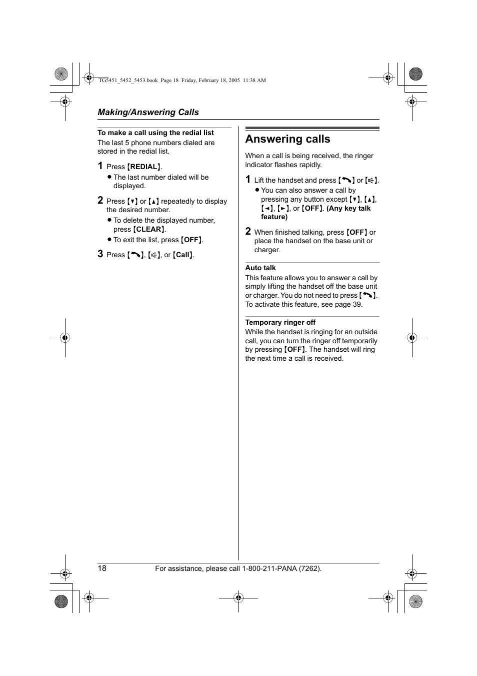 Answering calls | Panasonic KX-TG5453 User Manual | Page 18 / 76