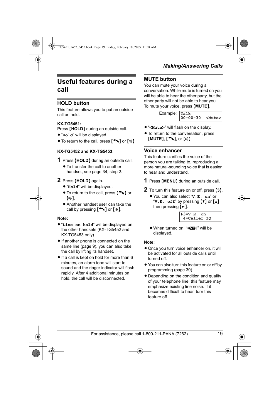 Useful feature during a call, Useful features during a call | Panasonic KX-TG5453 User Manual | Page 19 / 76