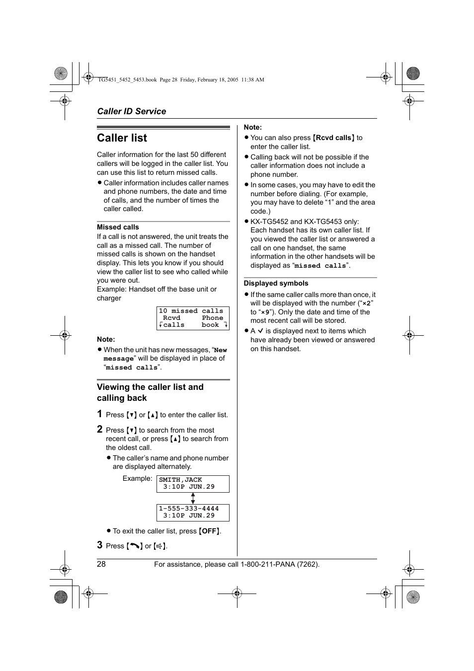 Caller list | Panasonic KX-TG5453 User Manual | Page 28 / 76
