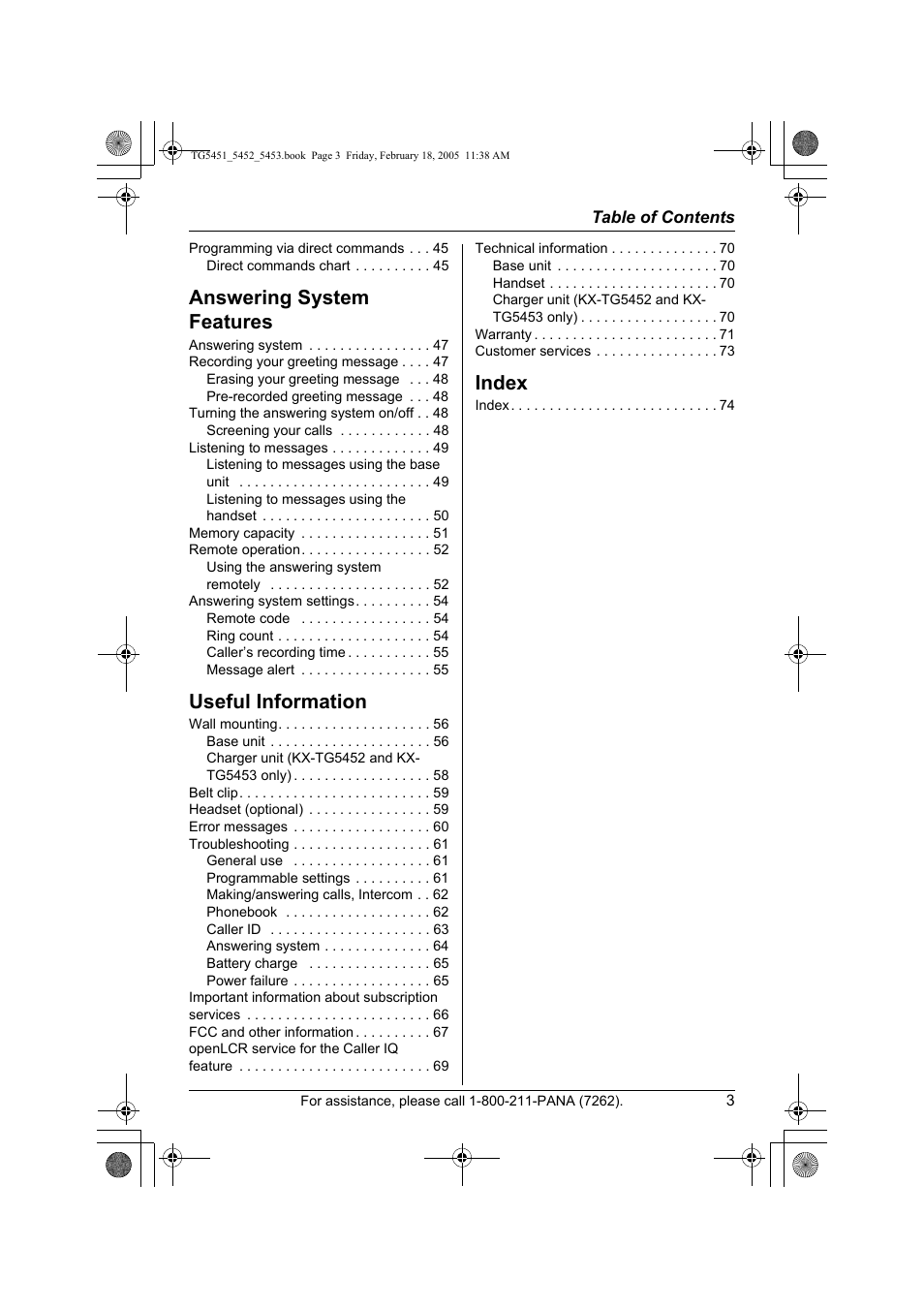 Answering system features, Useful information, Index | Panasonic KX-TG5453 User Manual | Page 3 / 76