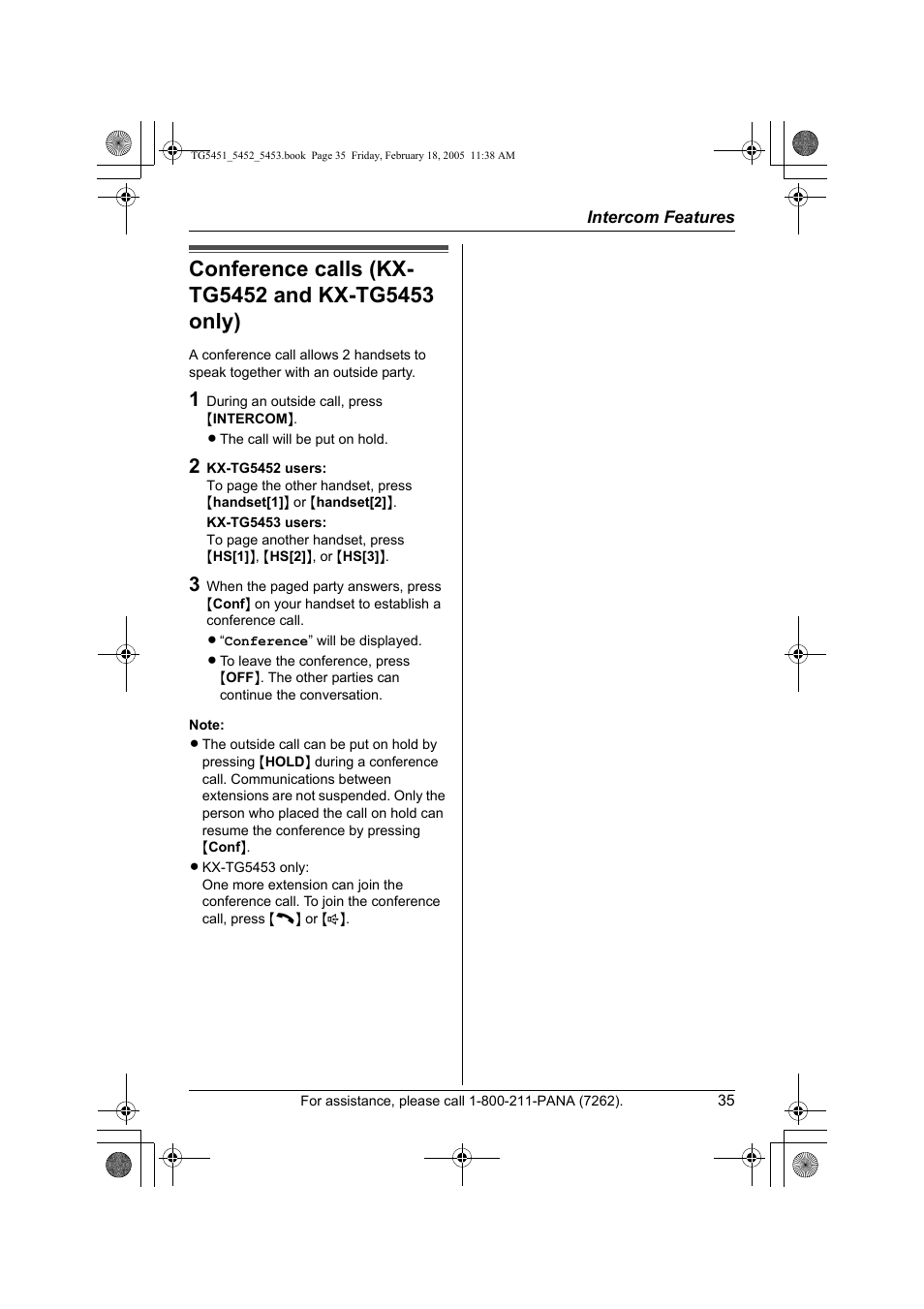 Conference calls (kx-tg5452 and kx-tg5453 only) | Panasonic KX-TG5453 User Manual | Page 35 / 76