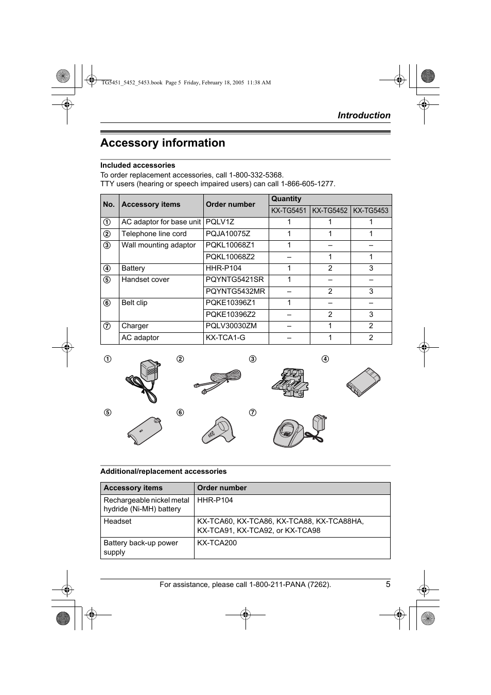 Accessory information | Panasonic KX-TG5453 User Manual | Page 5 / 76