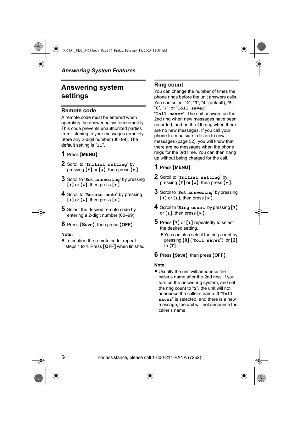 Answering system settings | Panasonic KX-TG5453 User Manual | Page 54 / 76