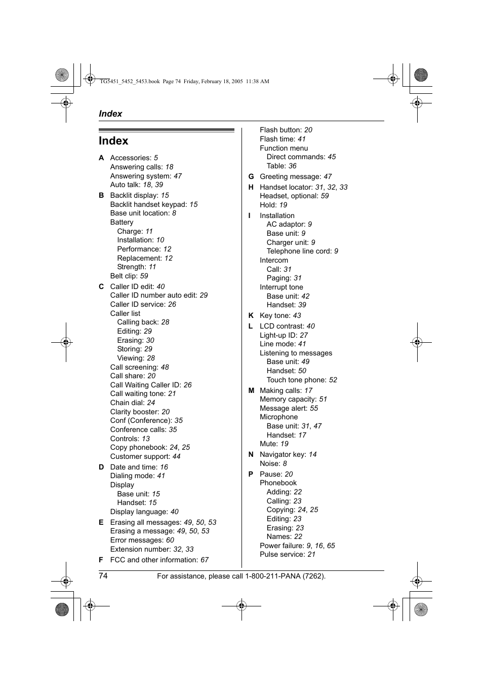 Index | Panasonic KX-TG5453 User Manual | Page 74 / 76