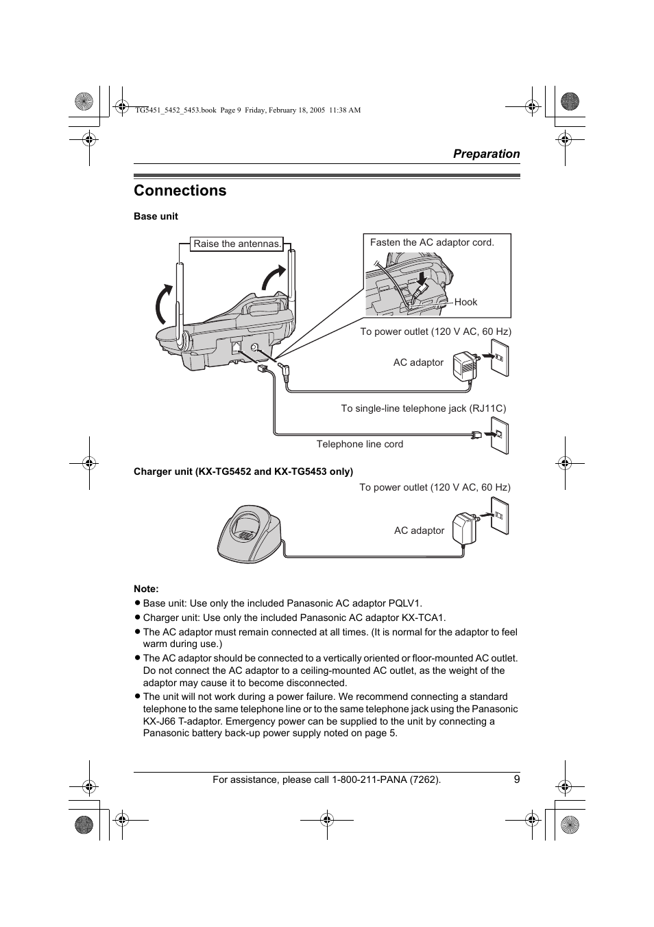 Preparation, Connections | Panasonic KX-TG5453 User Manual | Page 9 / 76
