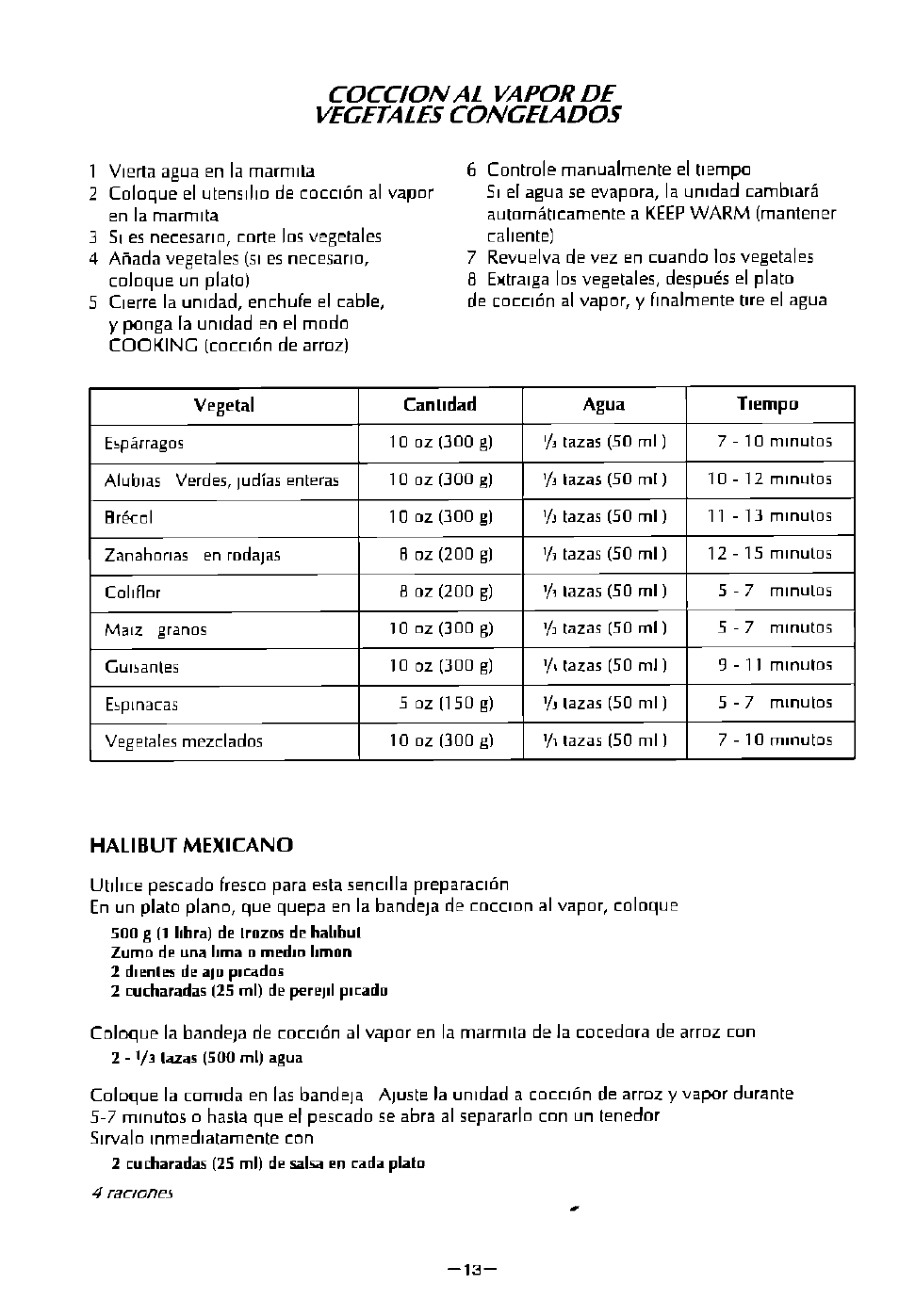Coccion al vapor de vegetales congelados | Panasonic SR-W18FSP User Manual | Page 14 / 16