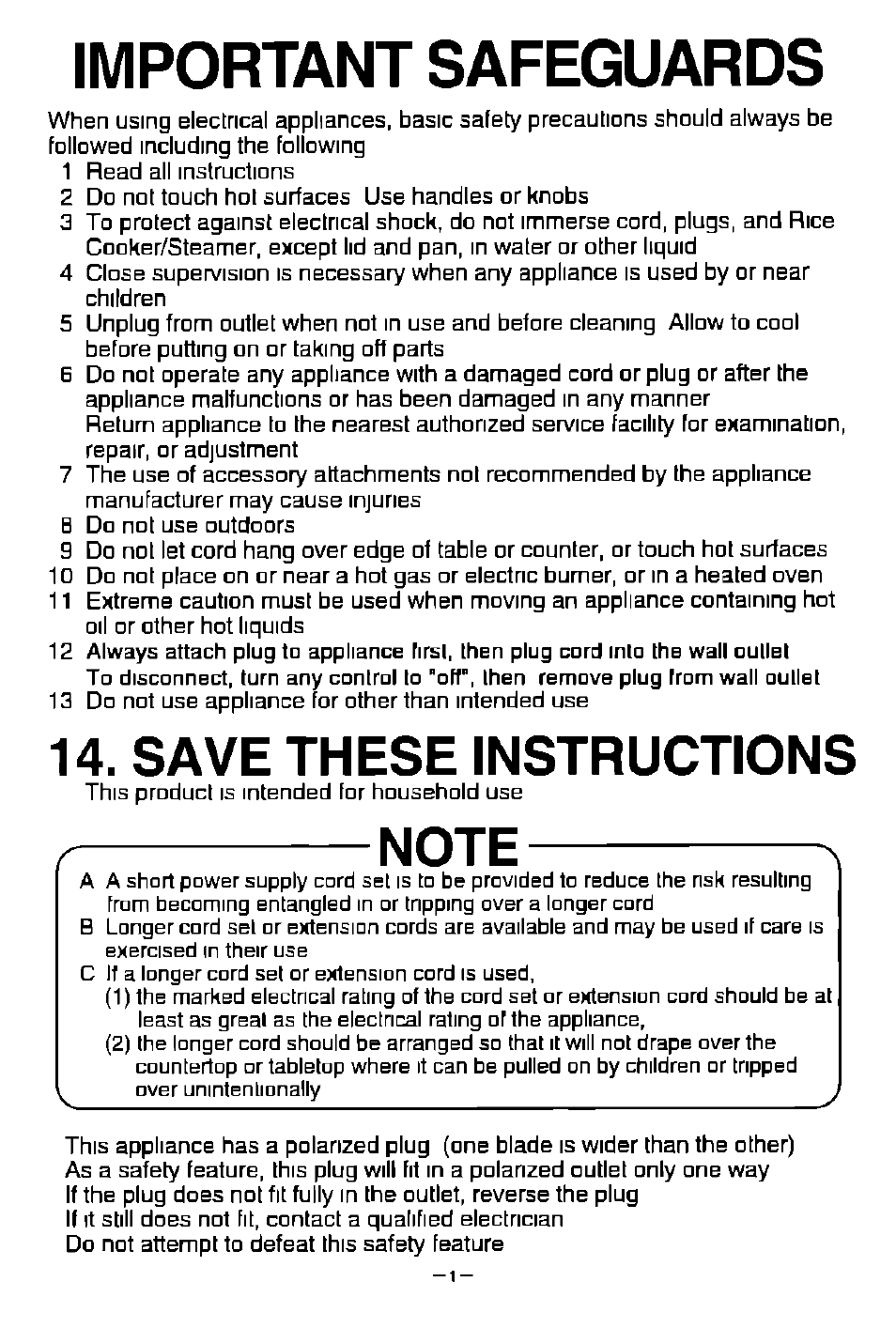 Save these instructions, Note, Important safeguards | Panasonic SR-W18FSP User Manual | Page 2 / 16