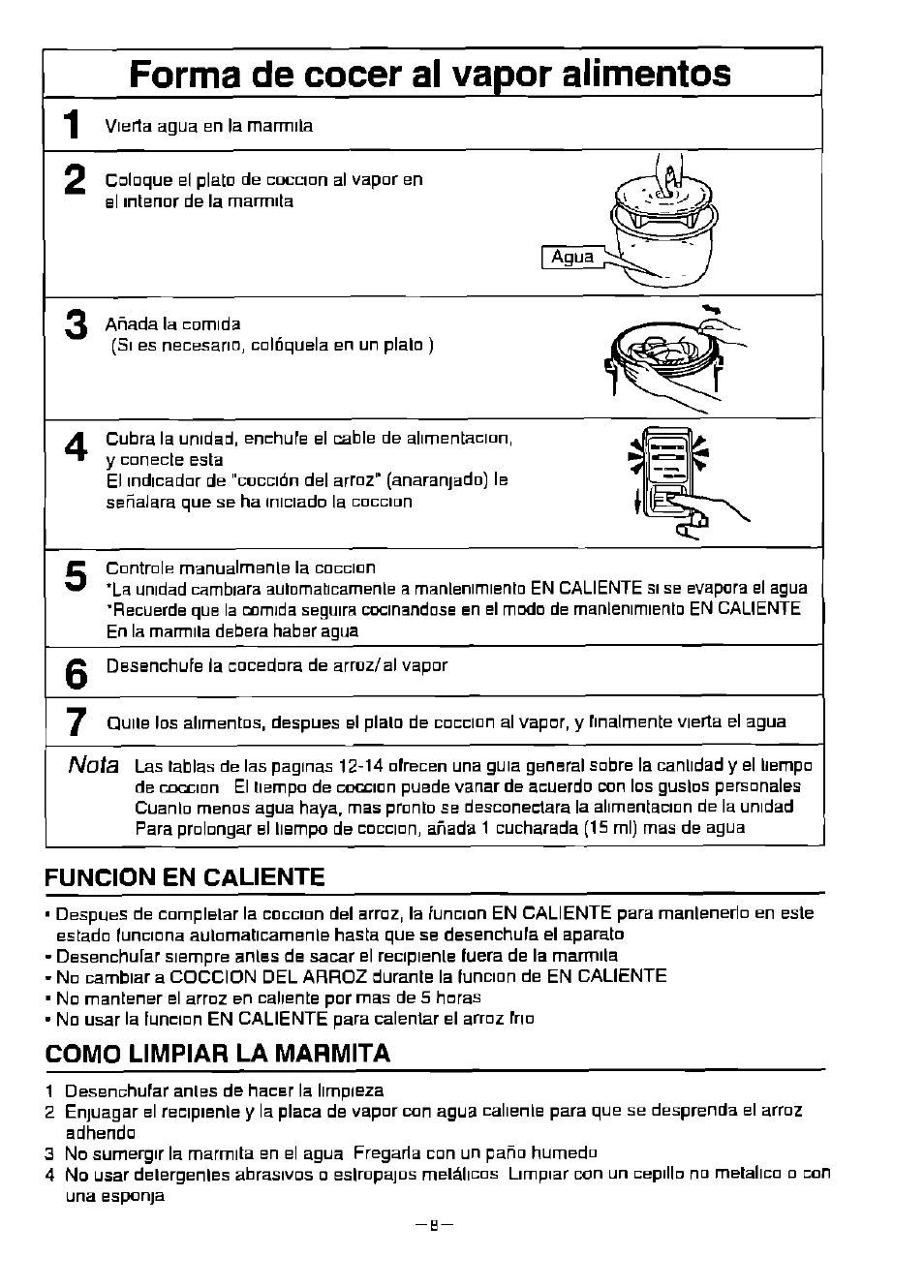 Funcion en caliente, Como limpiar la marmita, Forma de cocer al vapor alimentos | Noí3 | Panasonic SR-W18FSP User Manual | Page 9 / 16