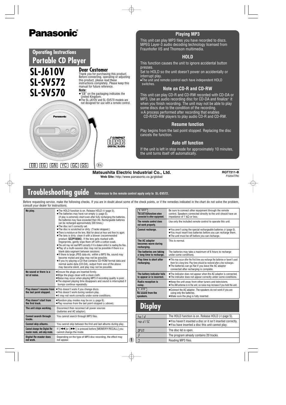 Panasonic SL-SV572 User Manual | 8 pages