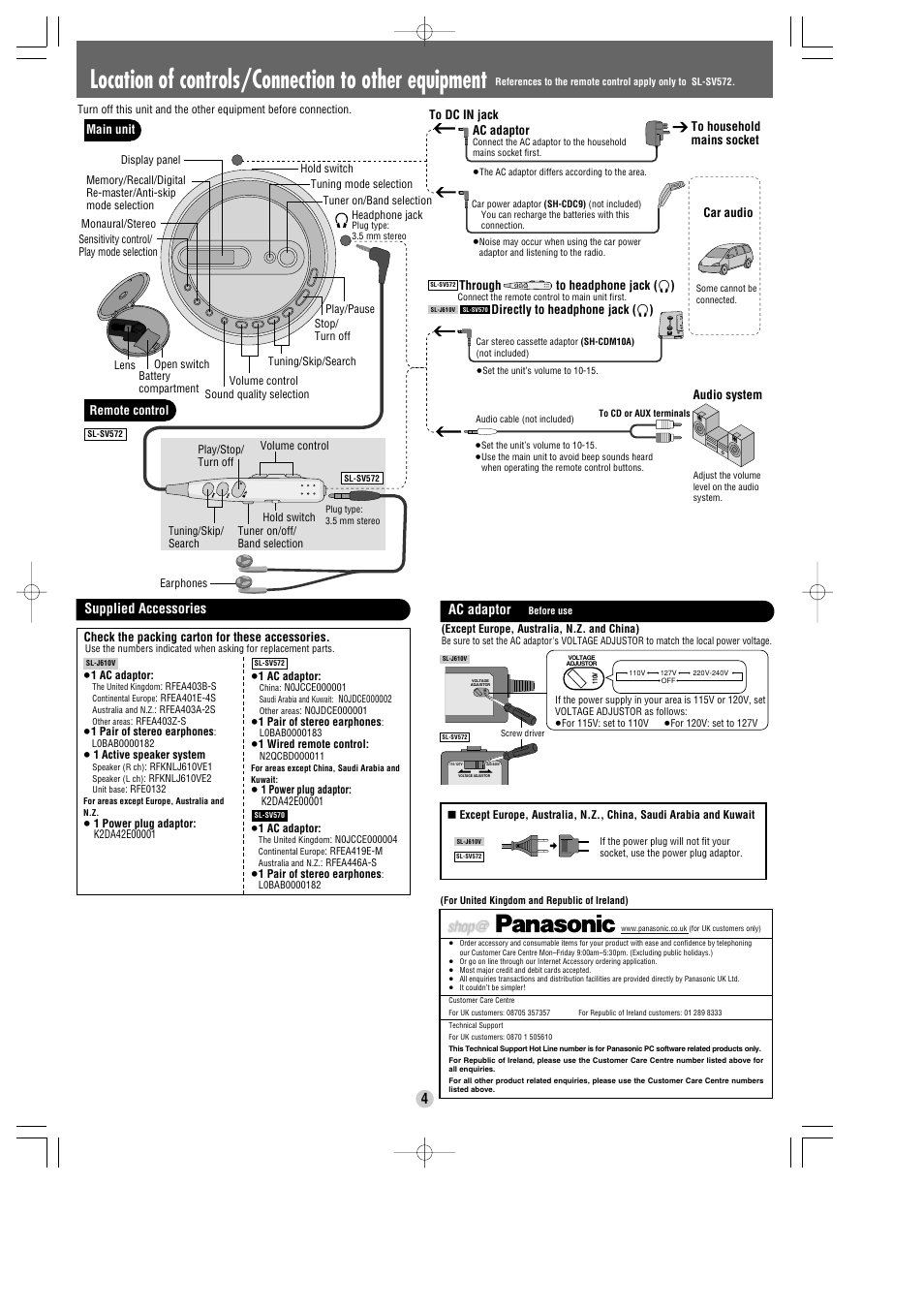 Location of controls/connection to other equipment, Supplied accessories, Main unit remote control | Audio system, Car audio, Ac adaptor, Through to headphone jack ( ë ), Directly to headphone jack ( ë ), Check the packing carton for these accessories | Panasonic SL-SV572 User Manual | Page 4 / 8