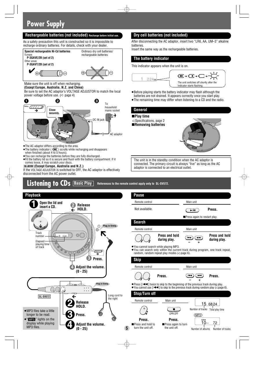 Power supply, Listening to cds | Panasonic SL-SV572 User Manual | Page 5 / 8
