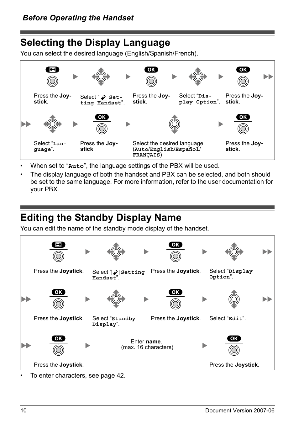 Selecting the display language, Editing the standby display name, Before operating the handset | Panasonic KX-TD7694 User Manual | Page 10 / 68