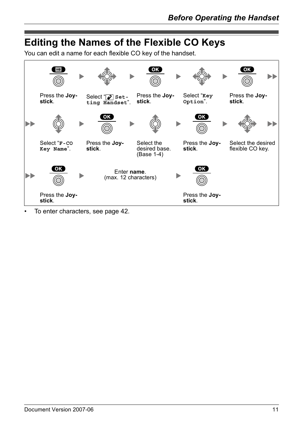 Editing the names of the flexible co keys, Before operating the handset | Panasonic KX-TD7694 User Manual | Page 11 / 68