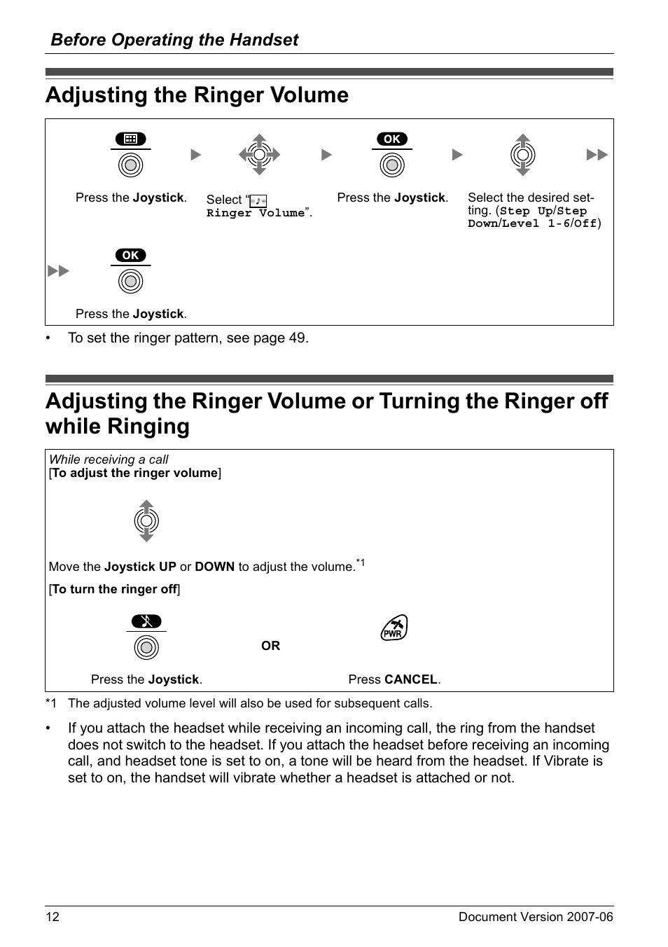 Adjusting the ringer volume, Before operating the handset | Panasonic KX-TD7694 User Manual | Page 12 / 68