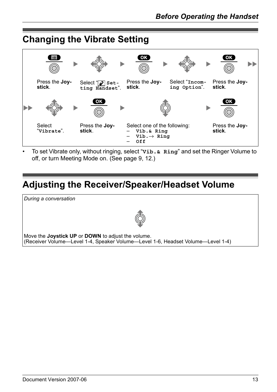 Changing the vibrate setting, Adjusting the receiver/speaker/headset volume, Before operating the handset | Panasonic KX-TD7694 User Manual | Page 13 / 68