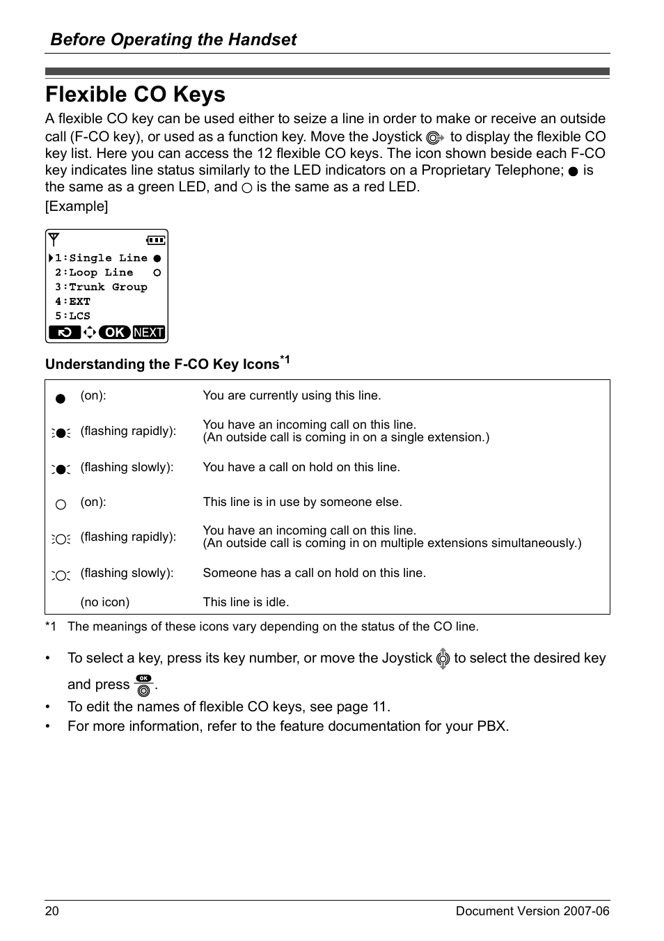 Flexible co keys, Before operating the handset | Panasonic KX-TD7694 User Manual | Page 20 / 68