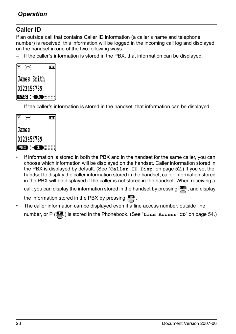 Caller id, Operation | Panasonic KX-TD7694 User Manual | Page 28 / 68