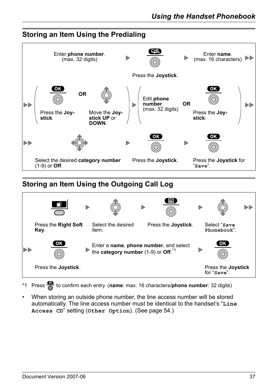 Storing an item using the predialing, Storing an item using the outgoing call log, Using the handset phonebook | Panasonic KX-TD7694 User Manual | Page 37 / 68