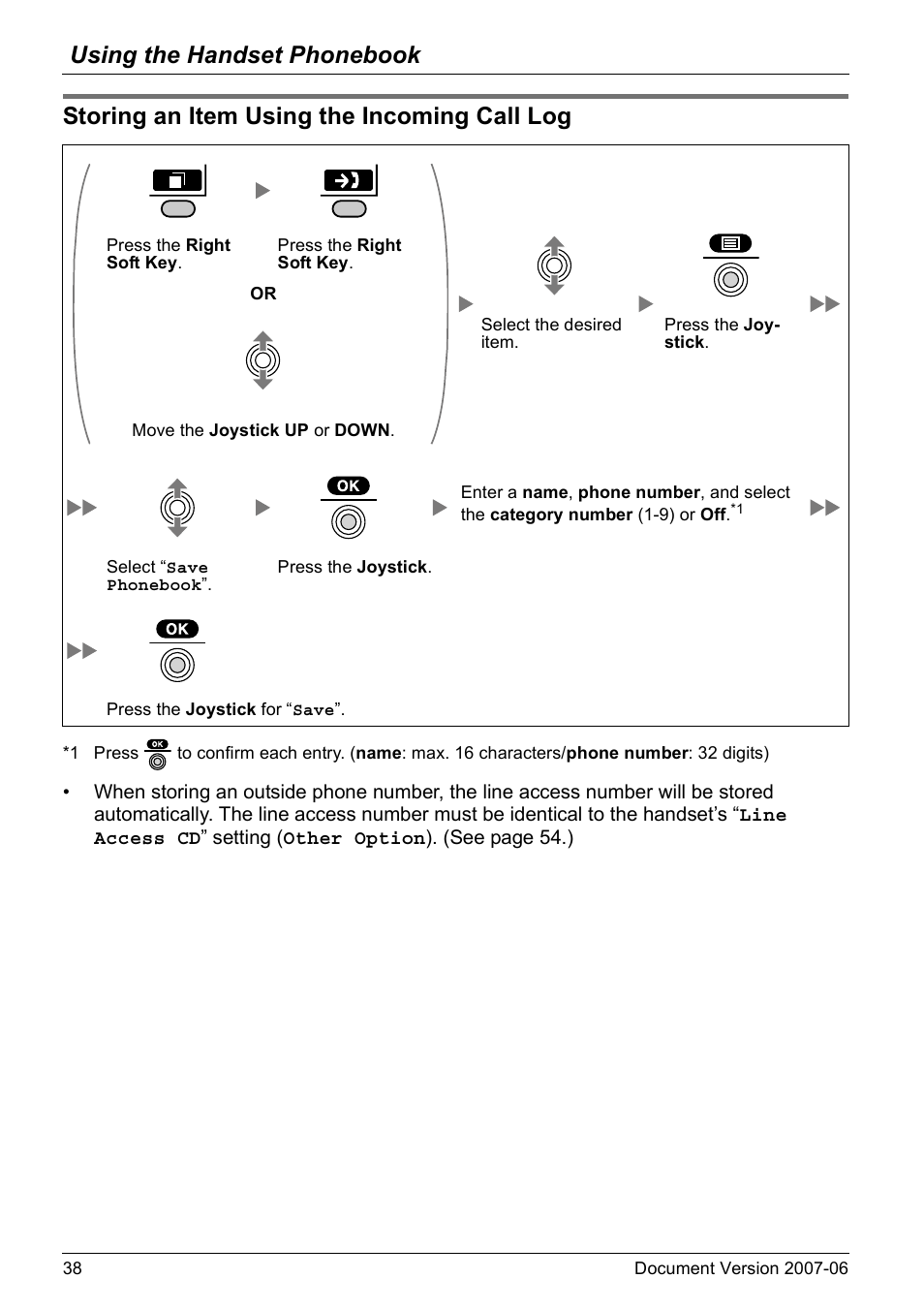 Storing an item using the incoming call log, Using the handset phonebook | Panasonic KX-TD7694 User Manual | Page 38 / 68