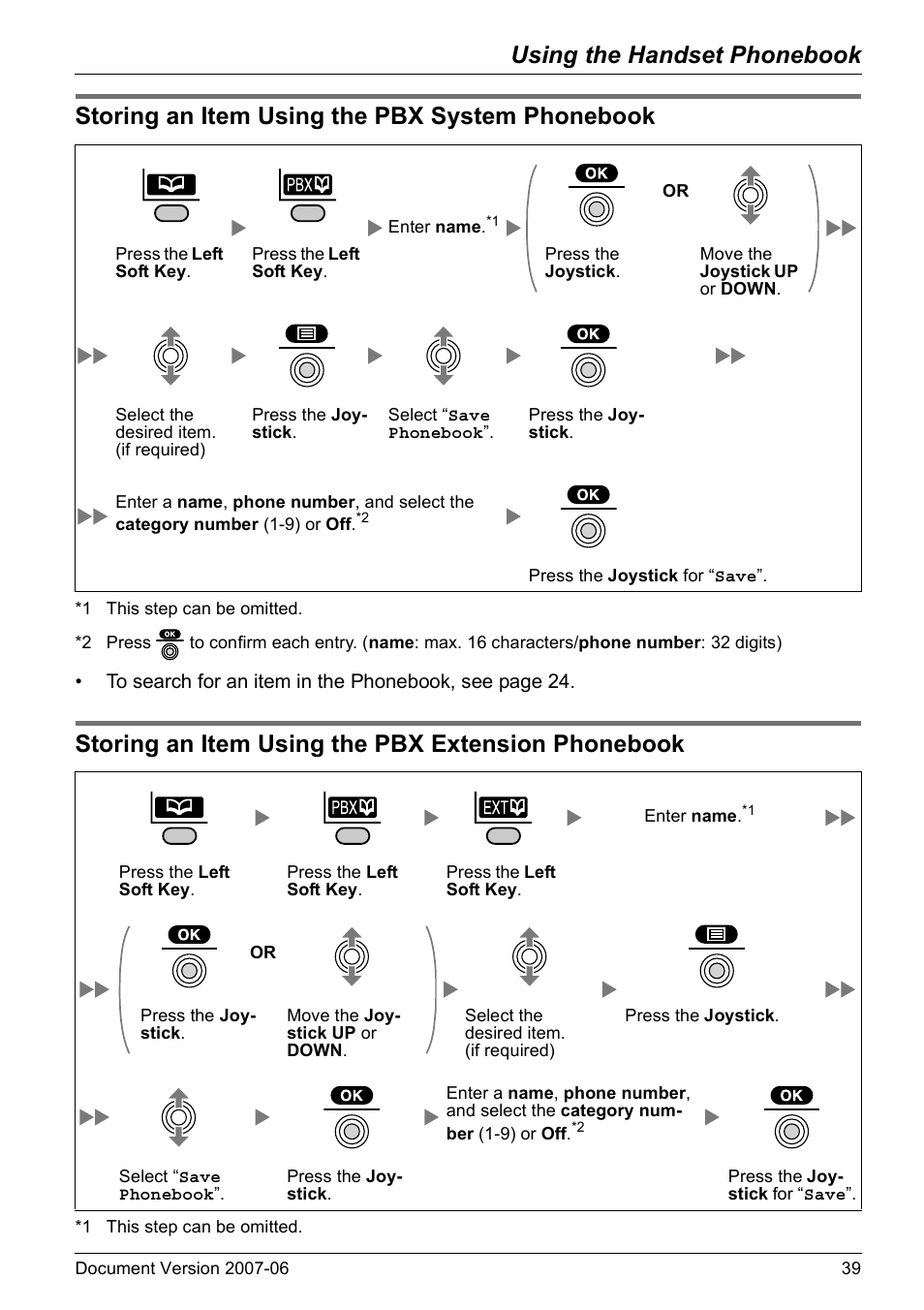 Storing an item using the pbx system phonebook, Storing an item using the pbx extension phonebook, Using the handset phonebook | Panasonic KX-TD7694 User Manual | Page 39 / 68