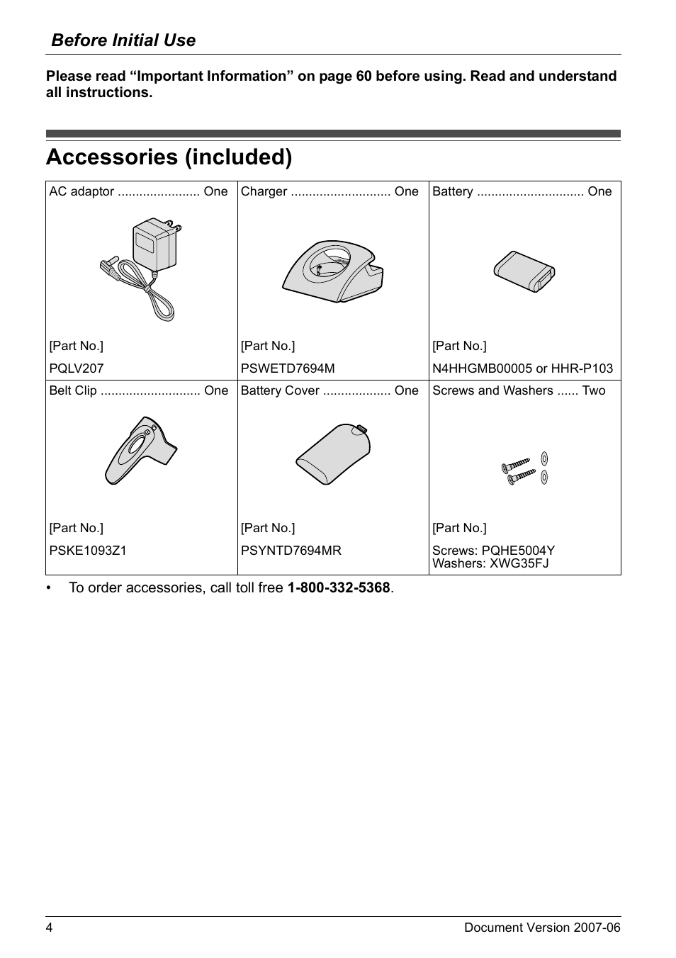 Before initial use, Accessories (included) | Panasonic KX-TD7694 User Manual | Page 4 / 68